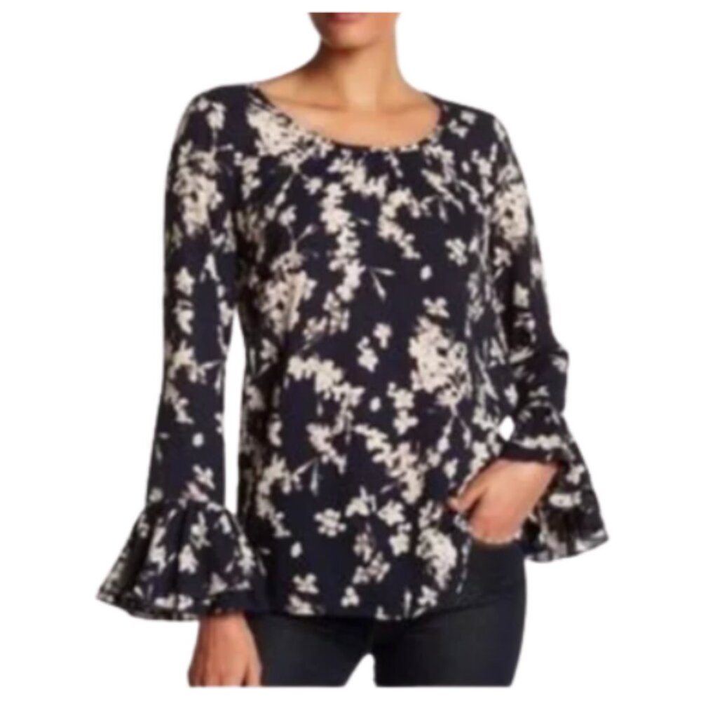 Pleione | Navy Blue Floral Bell Sleeve Blouse